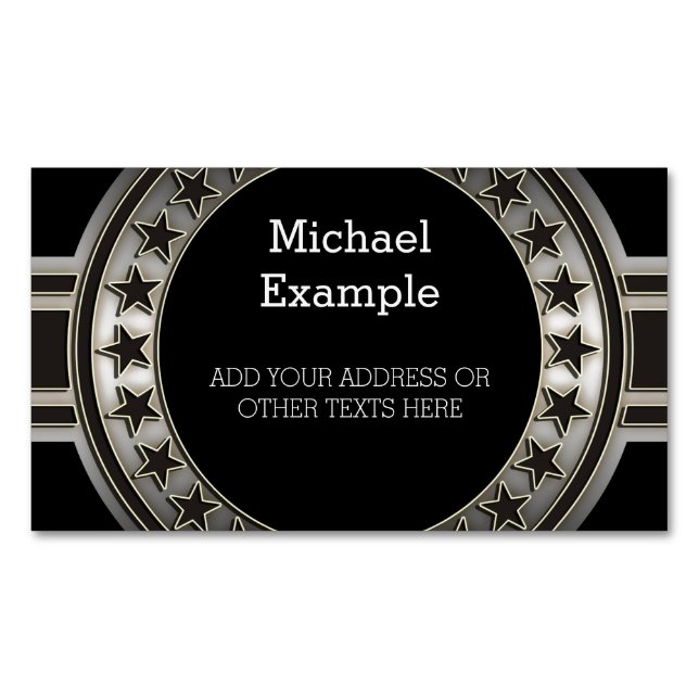 Carte De Visite Magnétique Bouton / Bannière - Étoiles argent noir + votre do (devant)