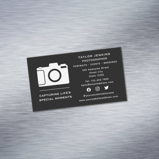 Carte De Visite Magnétique Caméra de médias sociaux élégant Photographe indép (In Situ)