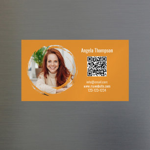 Carte De Visite Magnétique Carte magnétique orange moderne avec QR code et ph