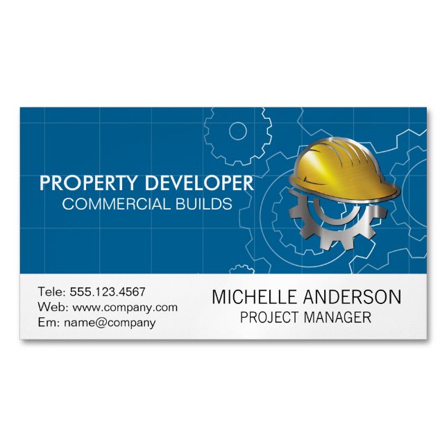Carte De Visite Magnétique Casquette dur de construction | Engrenages (devant)
