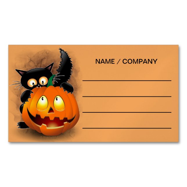 Carte De Visite Magnétique Chat Fun Halloween Caractère mordant un Citrouille (devant)