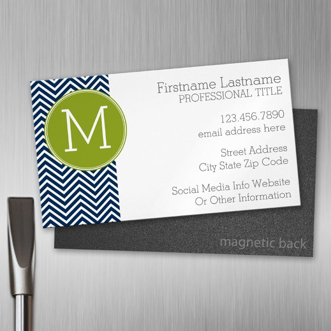Carte De Visite Magnétique Chevrons bleu marine et vert citron Monogramme per (Custom Business Card Magnet)