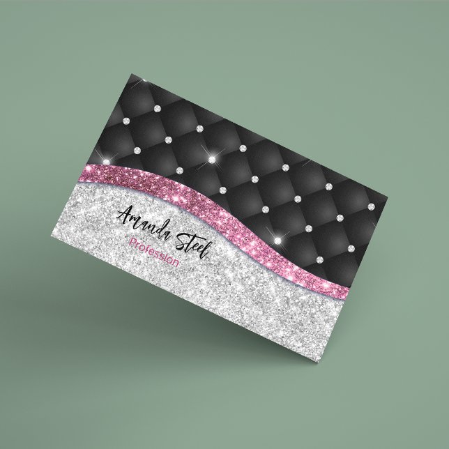Carte De Visite Magnétique Chic girly faux parties scintillant argent noir ro (Créateur téléchargé)