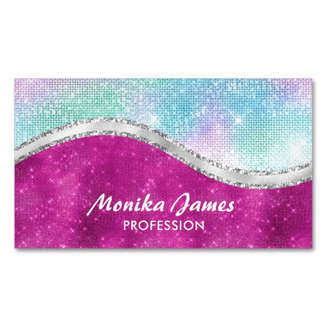 Carte De Visite Magnétique Chic Iridescente rose argent Parties scintillant M (devant)