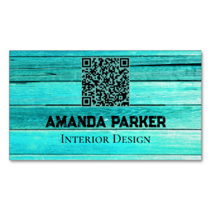 Carte De Visite Magnétique Code QR simple turquoise en bois