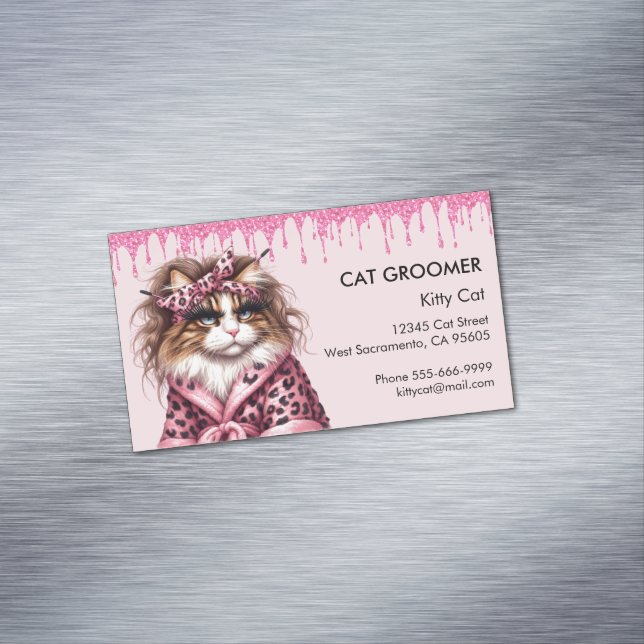 Carte De Visite Magnétique Cute Cat Groomer Sitter Parties scintillant rose g (In Situ)