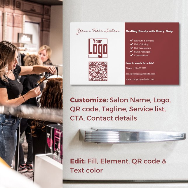 Carte De Visite Magnétique Élégance à deux tons : Salon professionnel des che (Dual-Tone Elegance: Professional Hair Salon Business Card Magnet, Custom Logo, QR code, Tagline)
