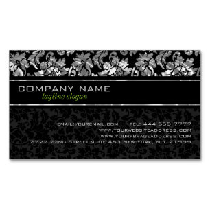 Carte De Visite Magnétique Élégant Damas Florales Gris Noir Et Argent