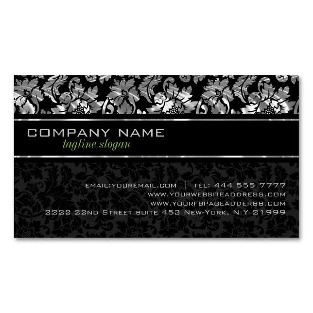 Carte De Visite Magnétique Élégant Damas Florales Gris Noir Et Argent (devant)