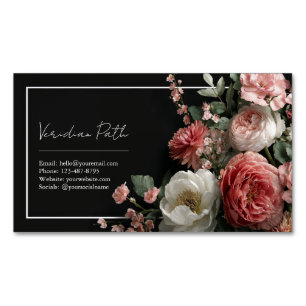 Carte De Visite Magnétique Élégant Dusty Rose Pivoine Floral Noir