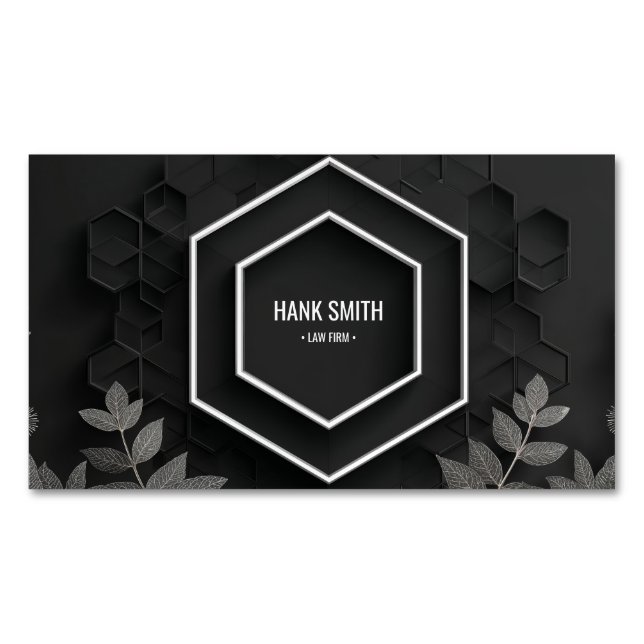 Carte De Visite Magnétique Elégant Hexagon et Argent Botanique Black (devant)