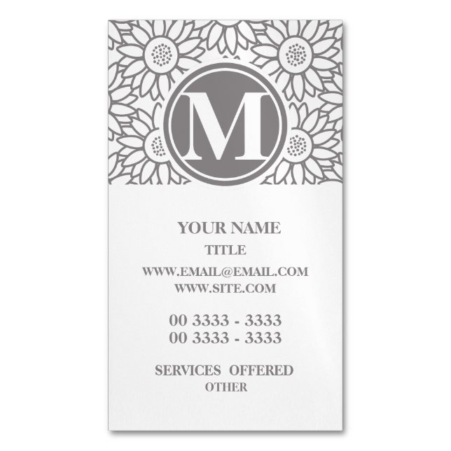 Carte De Visite Magnétique Élégant Motif de tournesol Monogrammé (devant Vertical)