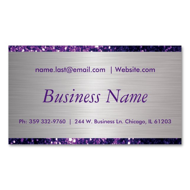 Carte De Visite Magnétique Elegant Purple Glitter and Brush Silver Steel (devant)