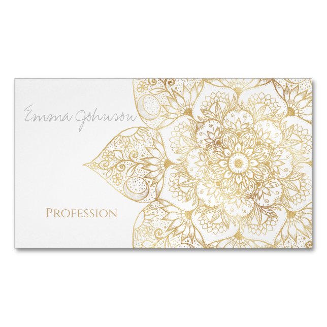 Carte De Visite Magnétique Elegant White Gold Mandala Floral  (devant)