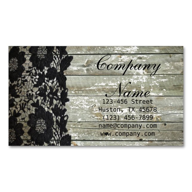 Carte De Visite Magnétique Feminine country chic dentelle noire grange bois (devant)