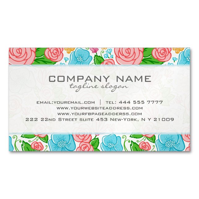 Carte De Visite Magnétique Fleurs Et Roses Pastel En Bleu Rose Et Blanc (devant)