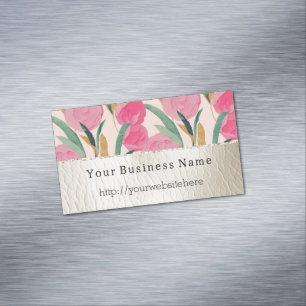 Carte De Visite Magnétique Fleurs roses et Faux crème en cuir