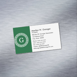 Carte De Visite Magnétique Forêt Grn Wt Cadre Rnd Key Grec Monogramme initial