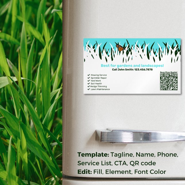 Carte De Visite Magnétique 🌿 🦋 Garden Health : Service professionnel de soi (Garden Health: Professional Lawn Care Service Business Card Magnet)