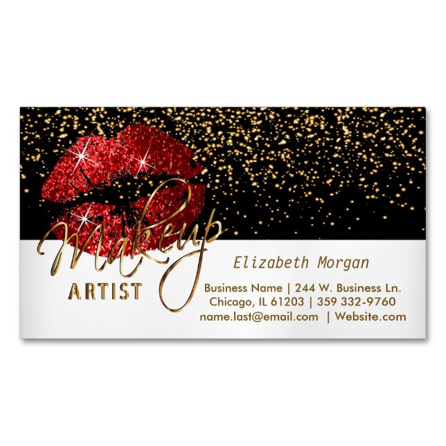 Carte De Visite Magnétique Gold Confetti & Lèvres rouges - Artiste maquillage (devant)