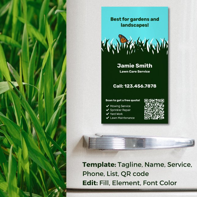 Carte De Visite Magnétique 🌿 🦋 Harmonie Verte : Service Professionnel De So (Green Harmony: Professional Lawn Care Service Business Card Magnet)