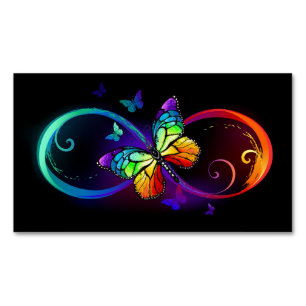 Carte De Visite Magnétique Infini vibrant avec papillon arc-en-ciel sur noir 