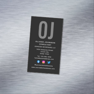 Carte De Visite Magnétique Initiales Monogrammes verticales Nom Black White G