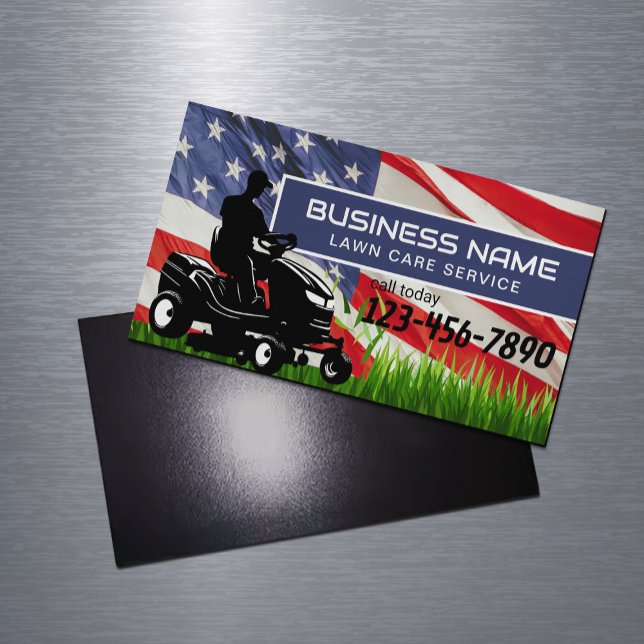 Carte De Visite Magnétique Lawn Care & Landscaping Riding Mower USA Flag (Créateur téléchargé)