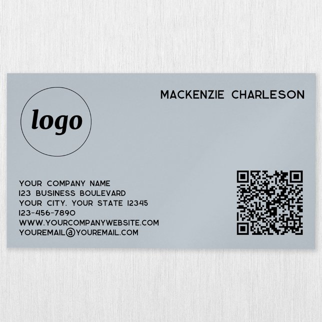 Carte De Visite Magnétique Logo simple et code QR Poudre bleu (Modern simple logo with QR code and custom text professional powder blue magnetic business card)