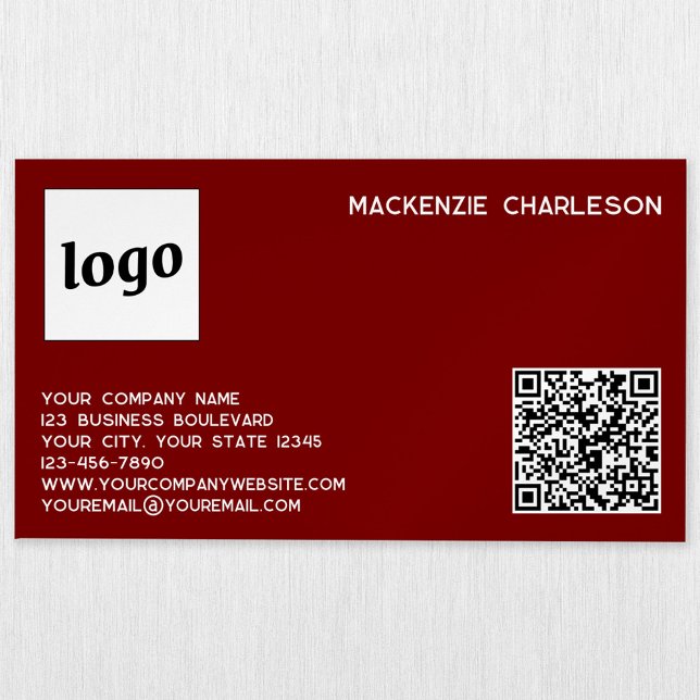 Carte De Visite Magnétique Logo simple et QR Code Bourgogne Rouge (Simple logo with custom text business branding promotional magnetic business card dark burgundy red)