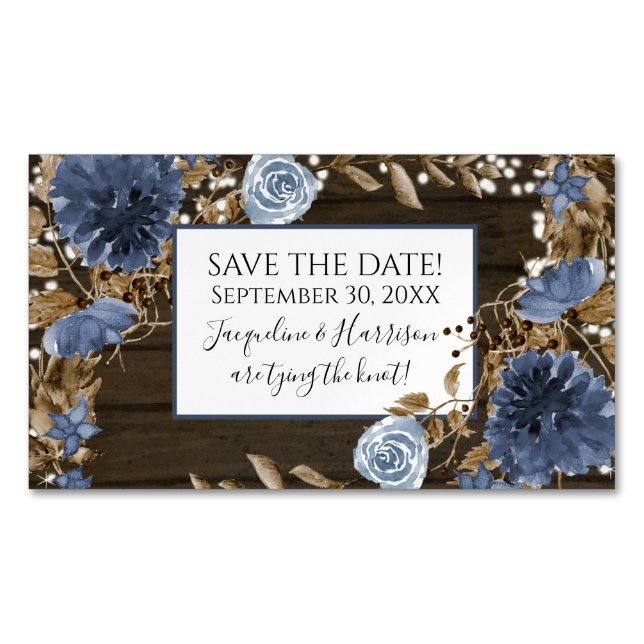 Carte De Visite Magnétique Marine Dusty Blue Floral Bois rustique Enregistrer (devant)