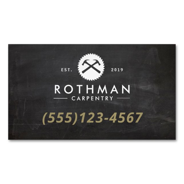 Carte De Visite Magnétique Marteau de menuiserie et scie (devant)