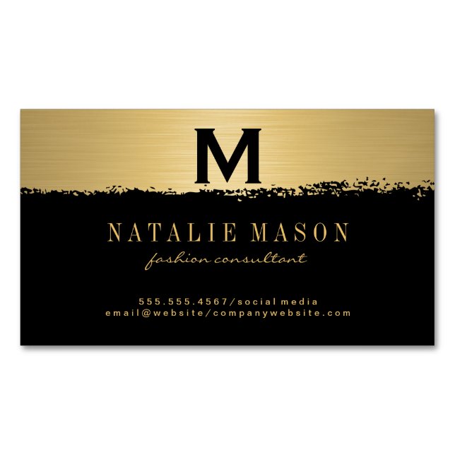 Carte De Visite Magnétique Monogramme chic sur noir/or brossé (devant)