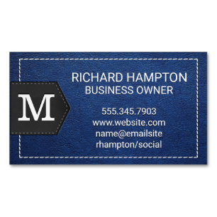 Carte De Visite Magnétique Monogramme   Cuir bleu pointillé et Patch
