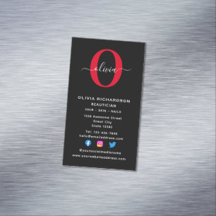 Carte De Visite Magnétique Monogramme vertical Nom du script Noir Blanc Rouge