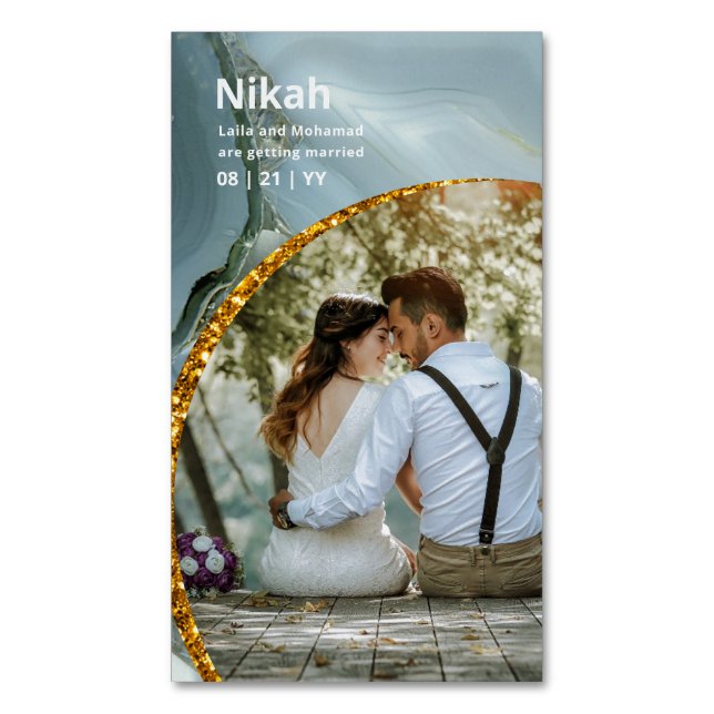Carte De Visite Magnétique NIKAH - Mariage Budget Agate Gold Turquoise PHOTO (devant Vertical)