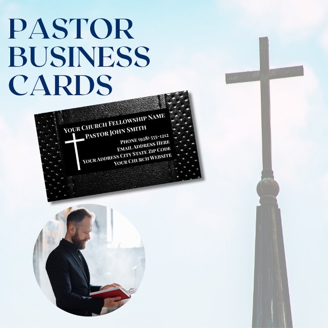 Carte De Visite Magnétique Pasteur de l'église NOIR Cuir chrétien (Modern Black on Black Version: Pastor Church Business Cards)
