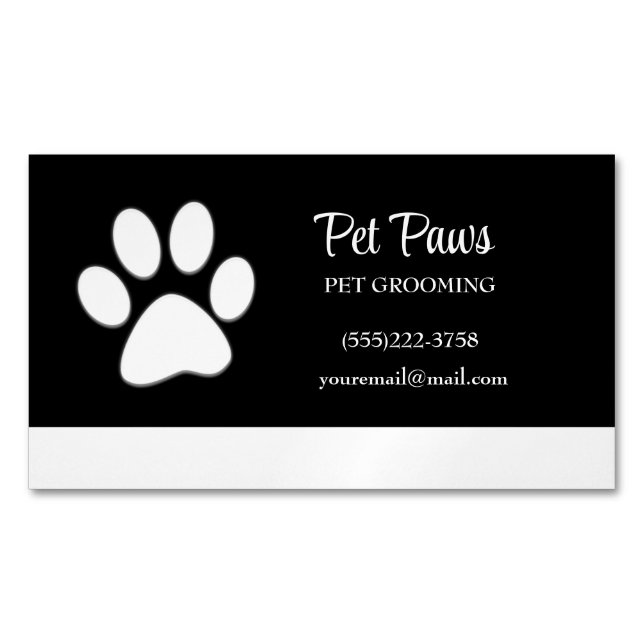 Carte De Visite Magnétique Paw Chien Blanc sur Noir Service de Grossissement  (devant)