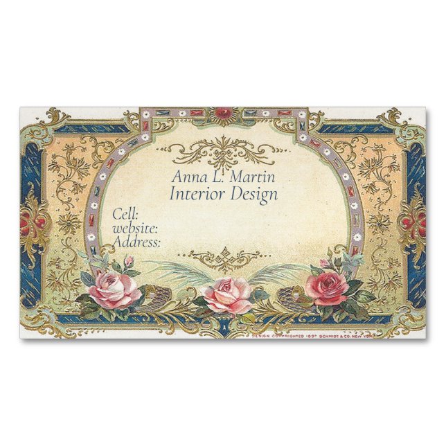 Carte De Visite Magnétique Pays Français Rose Roses Gold Filige (devant)
