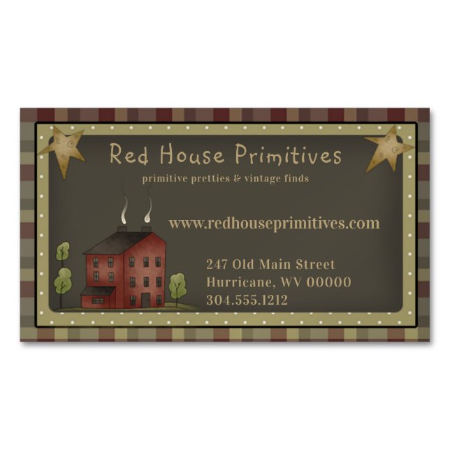 Carte De Visite Magnétique Pays primitif Rouge Saltbox House & Stars (devant)