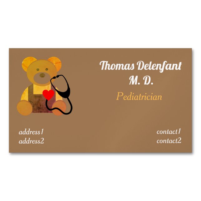 Carte De Visite Magnétique Pédiatre - teddy orange - stéthoscope (devant)