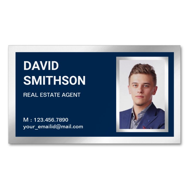 Carte De Visite Magnétique Photo de Navy Blue Silver Foil Real Estate Realer (devant)