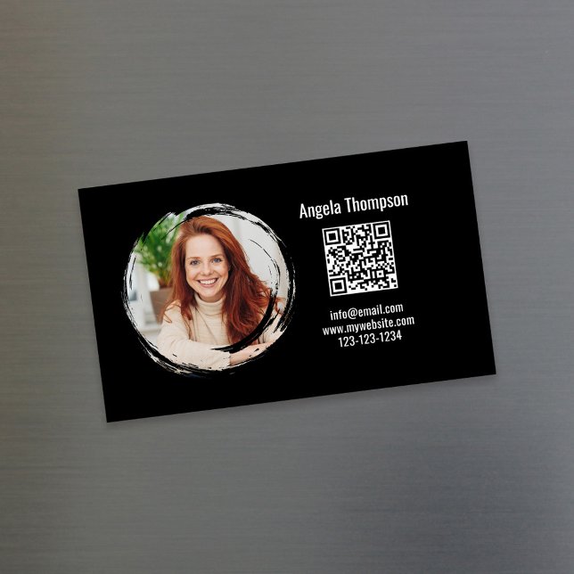 Carte De Visite Magnétique Photo QR Code Black Magnetic  (Magnetic business card with simple photo and QR code template)