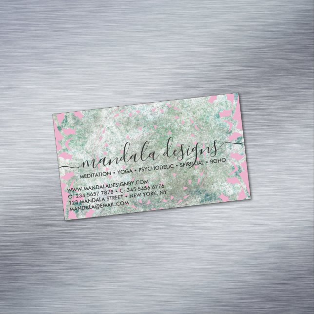 Carte De Visite Magnétique Pink Mandala Floral Script (In Situ)