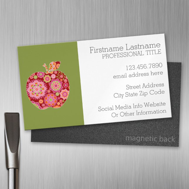 Carte De Visite Magnétique Pomme d'enseignant personnalisée avec modèle flora (Custom Business Card Magnet)