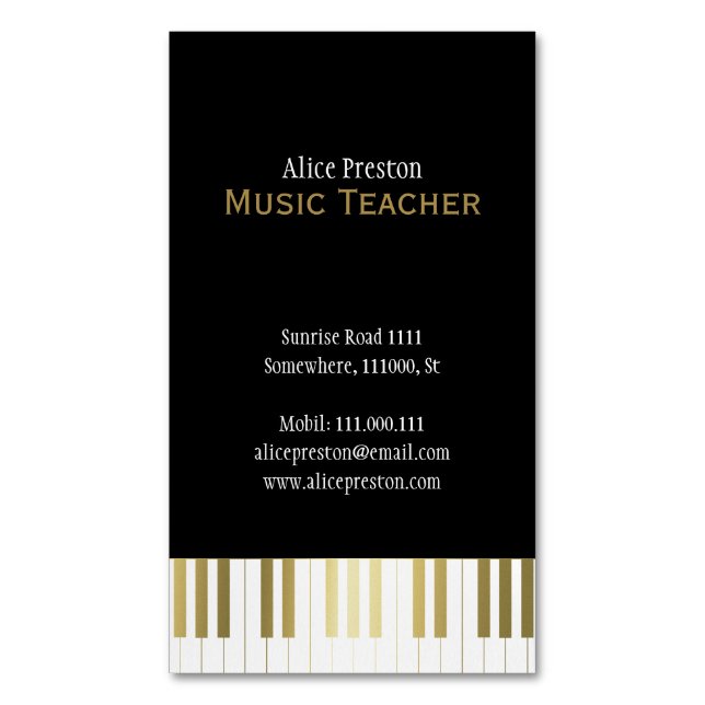 Carte De Visite Magnétique Professeur de musique | Elégant Piano Noir Or (devant Vertical)