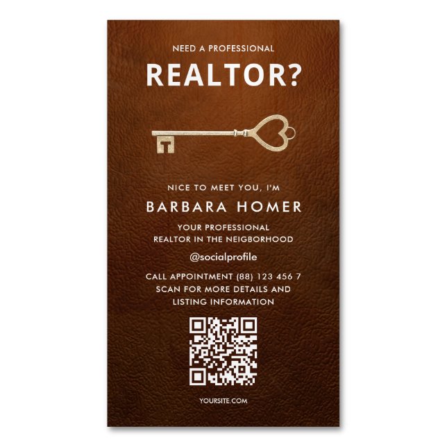 Carte De Visite Magnétique Rendez-vous en cuir immobilier moderne Realtor QR (devant Vertical)