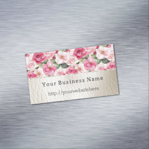 Carte De Visite Magnétique Roses roses romantiques Crème florale Faux Cuir
