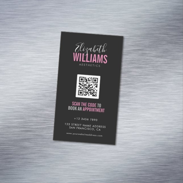 Carte De Visite Magnétique Salon de beauté rose noir Code QR (In Situ)