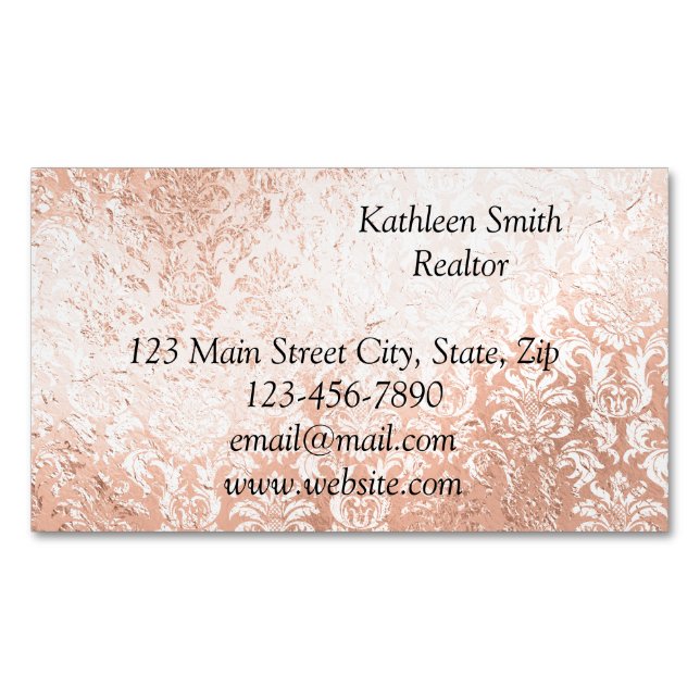 Carte De Visite Magnétique Script élégant rose Gold Damask (devant)